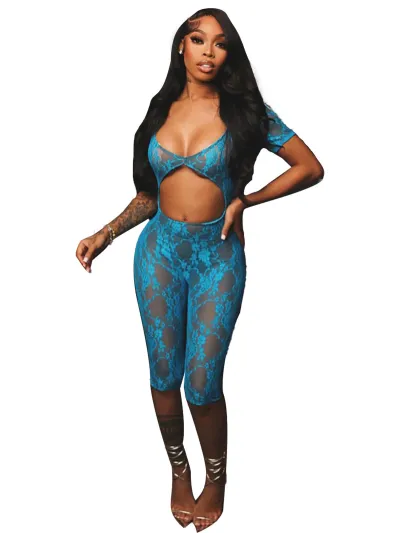 Women Fashion Sexy Solid Color Lace U-Neck Short-Sleeve Tight Jumpsuits