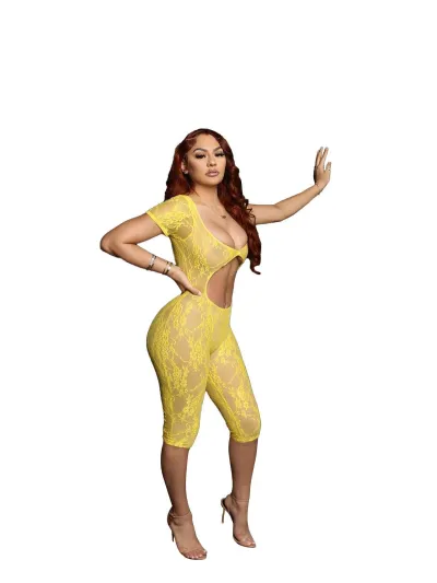 Women Fashion Sexy Solid Color Lace U-Neck Short-Sleeve Tight Jumpsuits