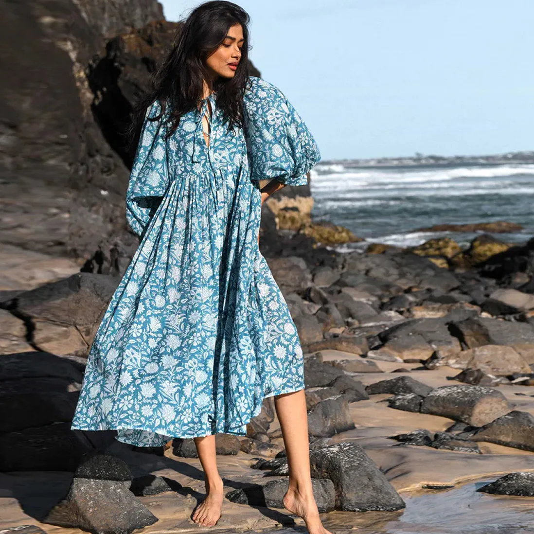 Bohemian Vacation Women Casual Loose Print Midi Dress