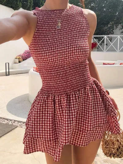 Summer Women Vintage Sleeveless Plaid Tanks Mini Dress