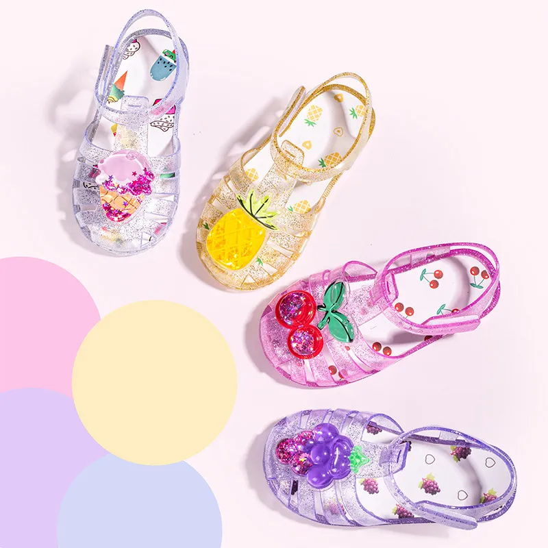 Kids Girls Fashion Cute Fruit Crystal Hollow Non-Slip Princess Style PVC Sandals
