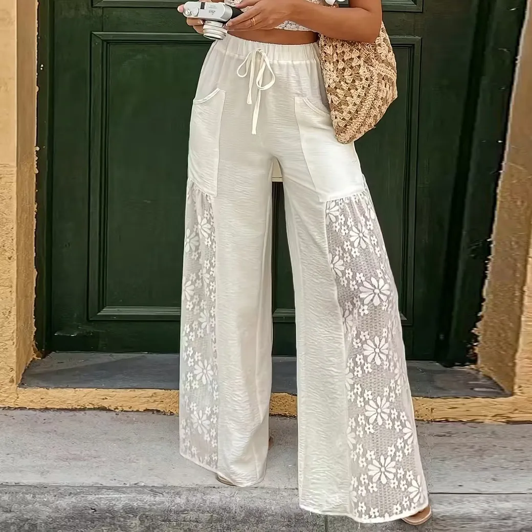 Bohemian Vacation Women'S Solid Color Casual Mesh Stitching Wide Leg Pants