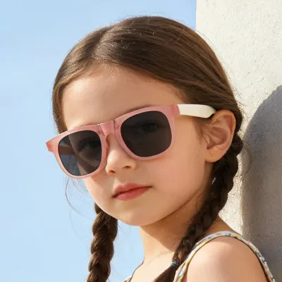 Kids Fashion Folding Silicone Frosted Colorblock Square Frame Sunglasses TAC Lens TR90