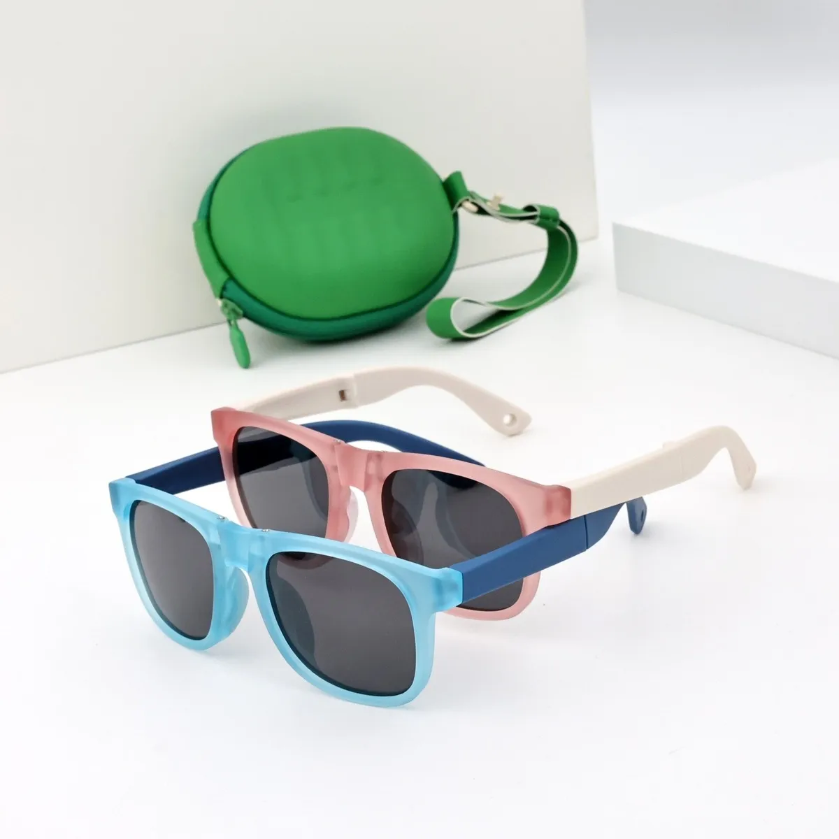 Kids Fashion Folding Silicone Frosted Colorblock Square Frame Sunglasses TAC Lens TR90