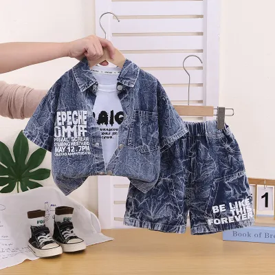 Kids Boys Fashion Casual Summer Letter Printed Short Sleeve Denim Jacket and Shorts Three-Piece Set