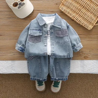 Boys Casual Spring Print T-Shirt Lapel Long Sleeve Denim Jacket Jeans Three-Piece Set
