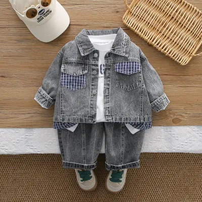 Boys Casual Spring Print T-Shirt Lapel Long Sleeve Denim Jacket Jeans Three-Piece Set