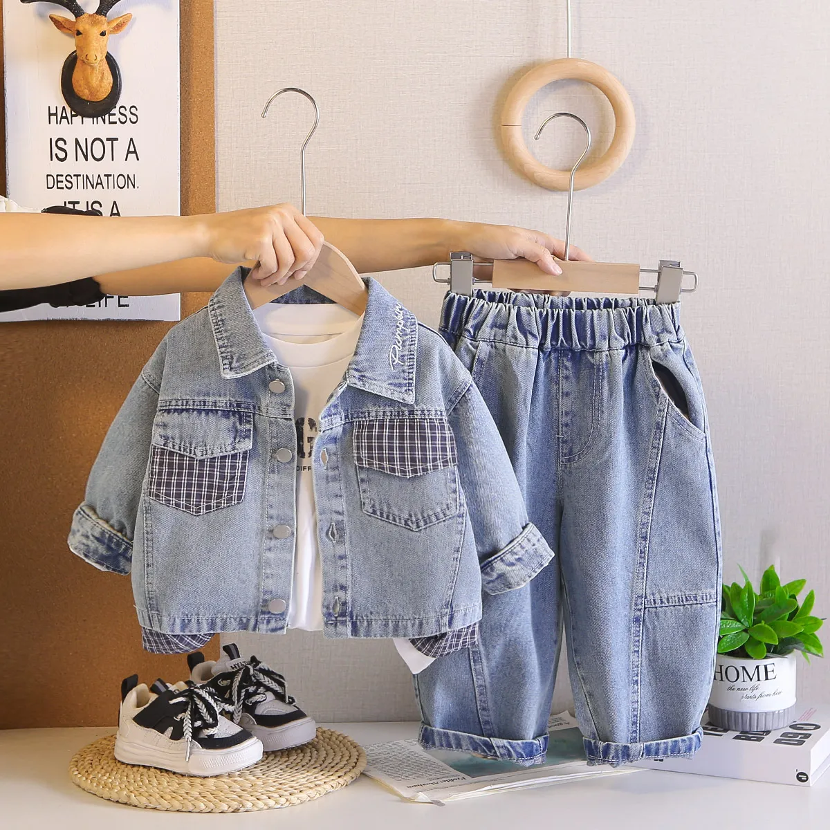 Boys Casual Spring Print T-Shirt Lapel Long Sleeve Denim Jacket Jeans Three-Piece Set