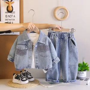 Boys Casual Spring Print T-Shirt Lapel Long Sleeve Denim Jacket Jeans Three-Piece Set