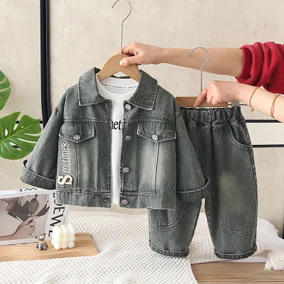 Kids Boy's Fashion Casual Spring Letter Printed Long Sleeve Denim Jacket Jeans Three-Piece Set