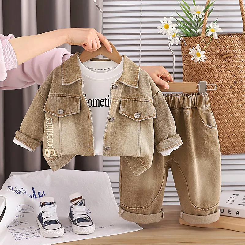 Kids Boy's Fashion Casual Spring Letter Printed Long Sleeve Denim Jacket Jeans Three-Piece Set