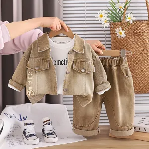 Kids Boy's Fashion Casual Spring Letter Printed Long Sleeve Denim Jacket Jeans Three-Piece Set
