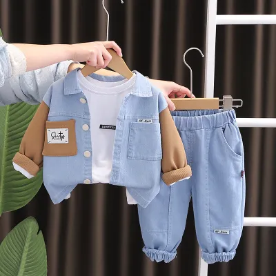 Kids Boys Spring Autumn Contrast Color Denim Long Sleeve Jacket T-Shirt Jeans Three-Piece Set
