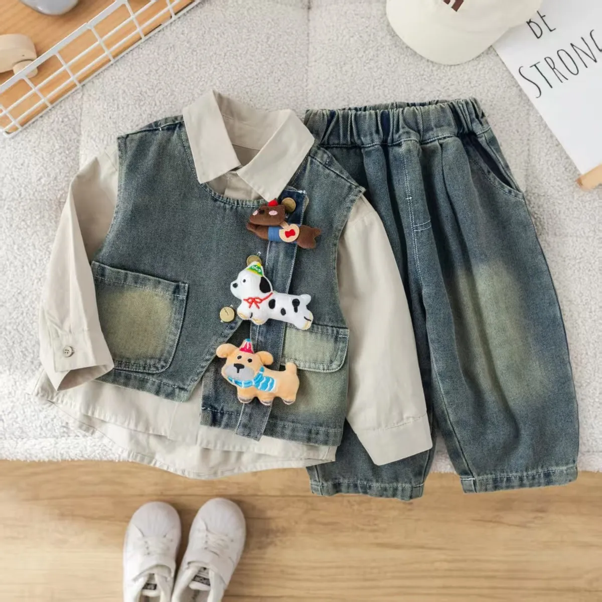 Kids Boys Fashion Casual Spring Autumn Solid Color Denim Shirt Vest Jeans Three-Piece Set