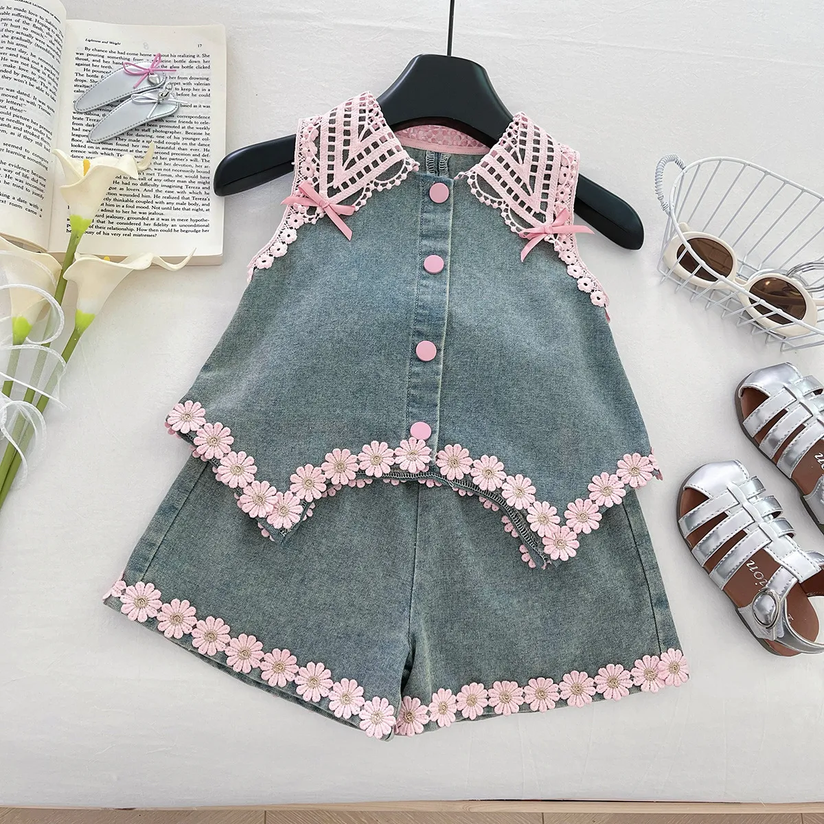 Kids Girls Casual Summer Flower Bowknot Sleeveless Backless Vest Shorts Denim Two-Piece Set