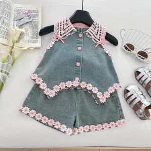 Kids Girls Casual Summer Flower Bowknot Sleeveless Backless Vest Shorts Denim Two-Piece Set