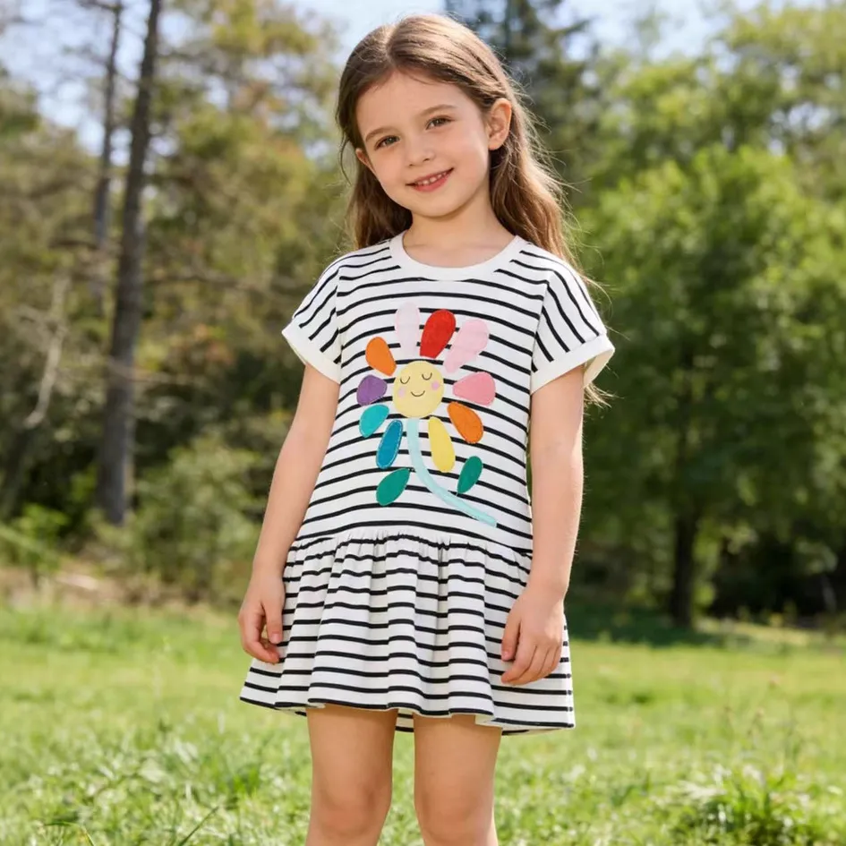 Girls Fashion Casual Summer Stripe Short-Sleeve Loose Cotton Dress