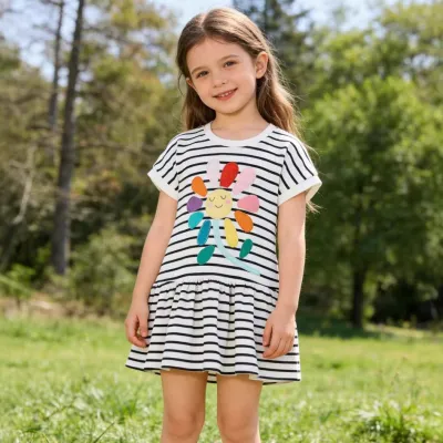 Kids Girls Fashion Casual Summer Stripe Short-Sleeve Loose Dress