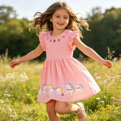 Kids Girls Fashion Cute Cartoon Printed Round Neck Short-Sleeve Dress