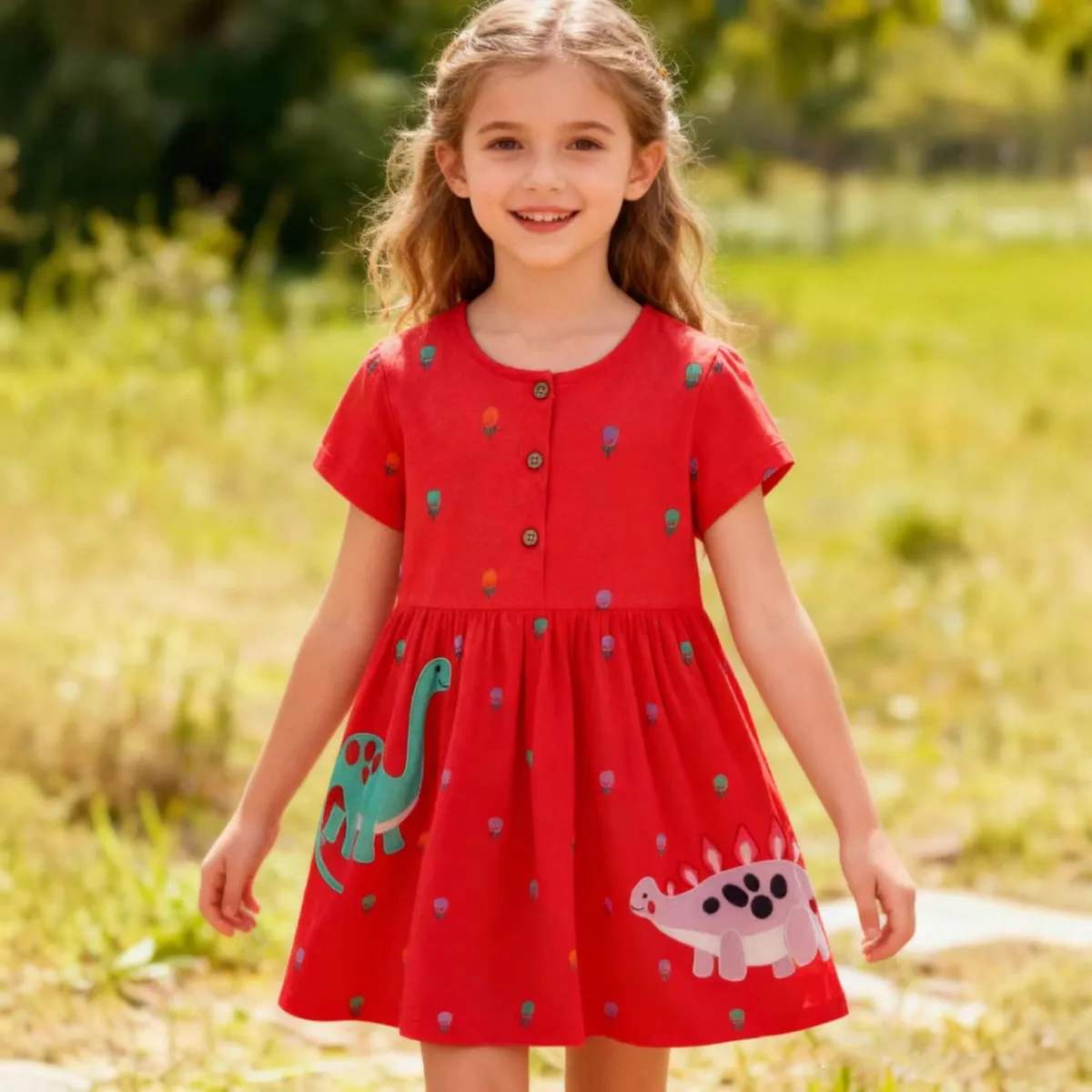 Kids Girls Cartoon Printed Cotton Summer Short Sleeve Dress