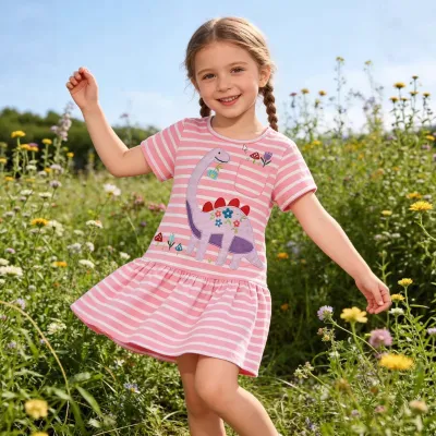 Kids Girls Fashion Cute Spring And Summer Dinosaur Embroidered Short Sleeve Dress