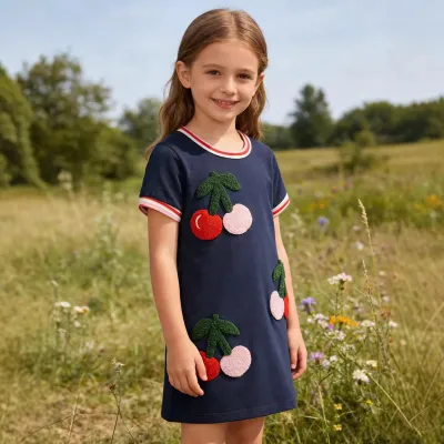 Kids Girls Fashion Cute Summer Cherry Embroidered Short Sleeve Dress