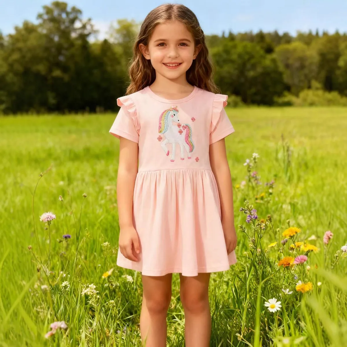 Kids Girls Fashion Casual Summer Pony Short-Sleeve Loose Cotton Dress