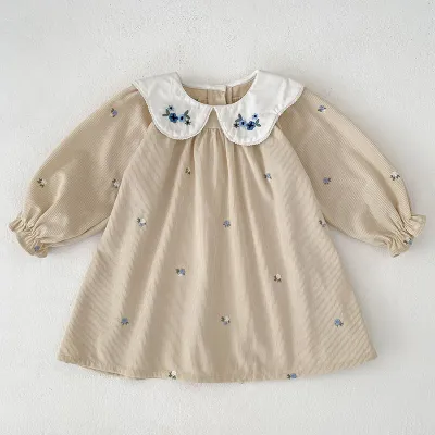 Kids Girls Fashion Elegant Spring Autumn Corduroy Long Sleeve Embroidered Collar Princess A-Line Dress