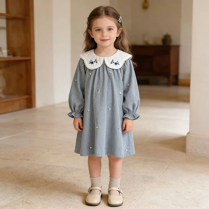 Kids Girls Fashion Elegant Spring Autumn Corduroy Long Sleeve Embroidered Collar Princess A-Line Dress