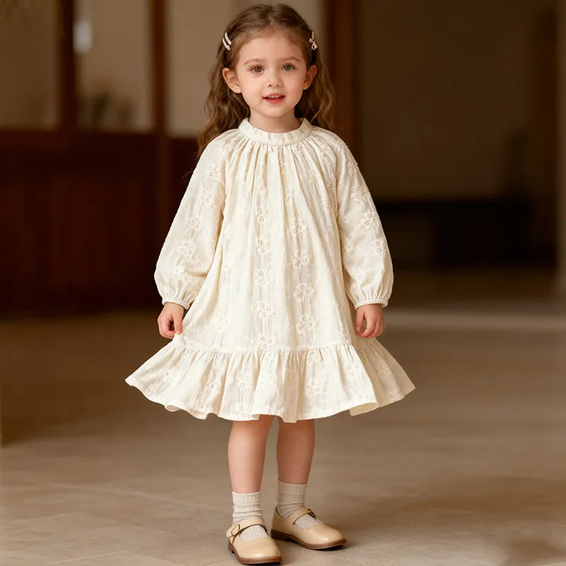 Kids Girl's Fashion Elegant Spring Autumn Solid Color Long Sleeve Embroidered A-Line Cotton Dress