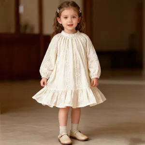Kids Girl's Fashion Elegant Spring Autumn Solid Color Long Sleeve Embroidered A-Line Cotton Dress