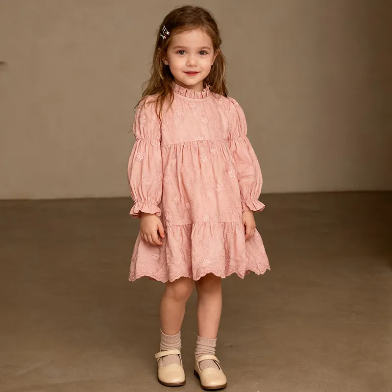Kids Girls Fashion Elegant Spring Autumn Solid Color Long Sleeve Embroidered A-Line Dress