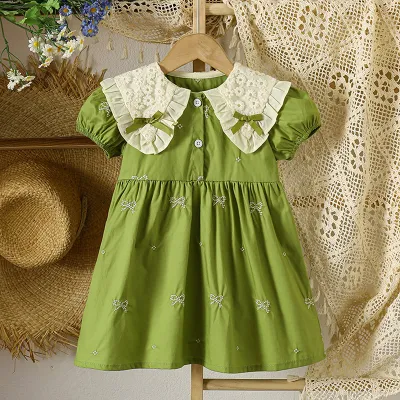 Kids Baby Girls Fashion Elegant Summer Bowknot Embroidered Sleeveless Floral A-Line Cotton Dress