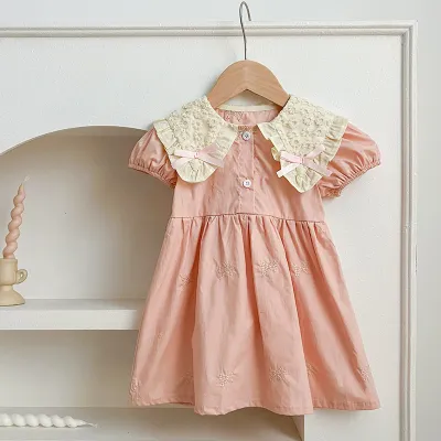 Kids Baby Girls Fashion Elegant Summer Bowknot Embroidered Sleeveless Floral A-Line Cotton Dress
