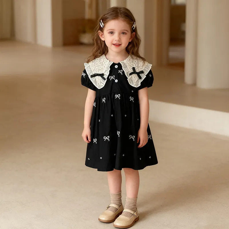 Kids Baby Girls Fashion Elegant Summer Bowknot Embroidered Sleeveless Floral A-Line Cotton Dress