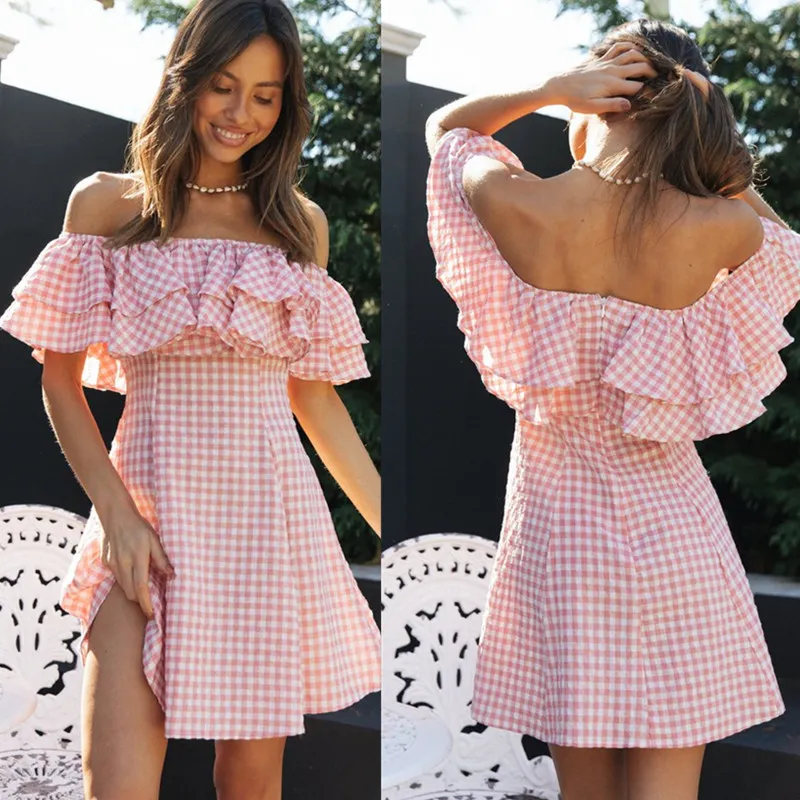 Summer Women Fashion Plaid Print Off-Shoulder Ruffle Collar Mini Dress