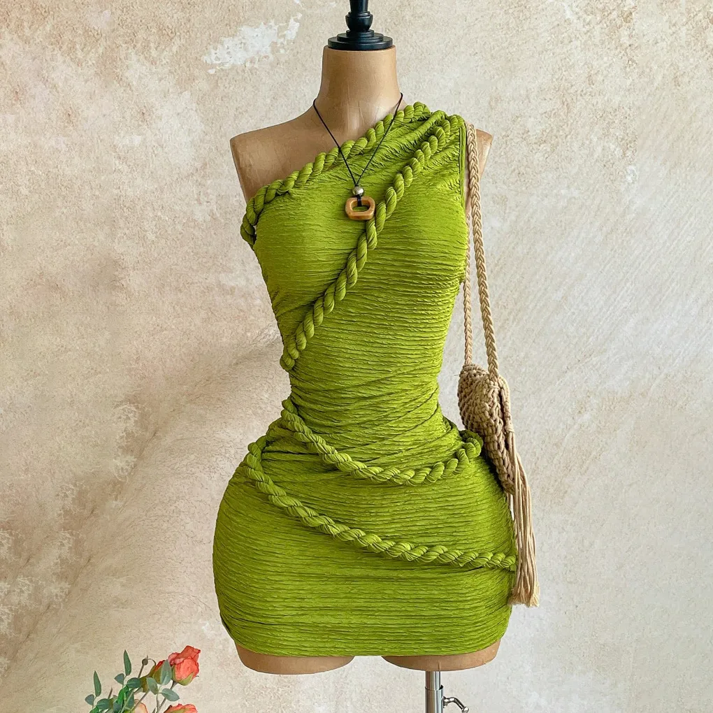Women Fashion Sexy Summer Solid Color Twist Pleated Sleeveless Strapless Dress