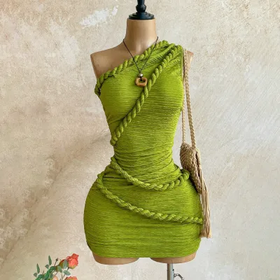 Women Fashion Sexy Summer Solid Color Twist Pleated Sleeveless Strapless Dress