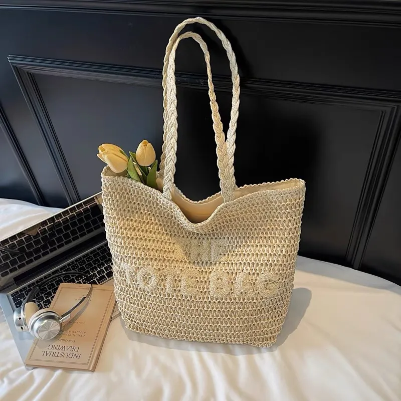 Women Fashion Casual Mori Woven Large Capacity Shoulder Bag with Zipper Closure