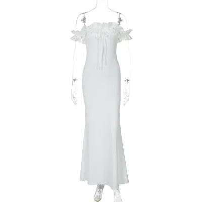 Summer Women Fashion Sexy Off-Shoulder Ruffled Bodycon Maxi Dress