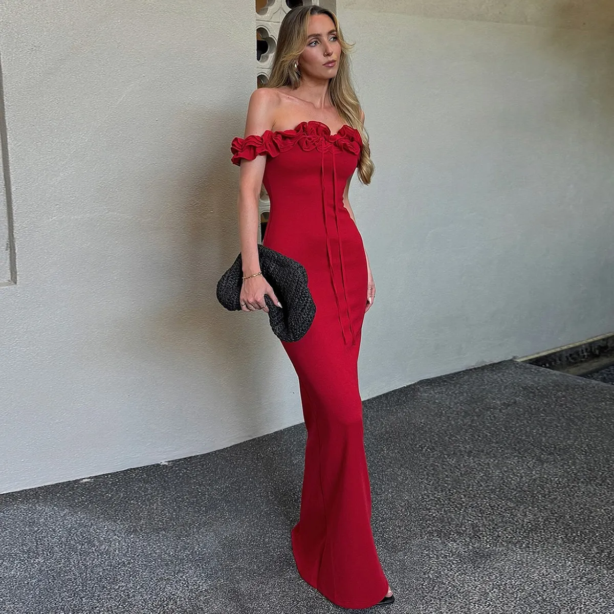 Summer Women Fashion Sexy Off-Shoulder Ruffled Bodycon Maxi Dress