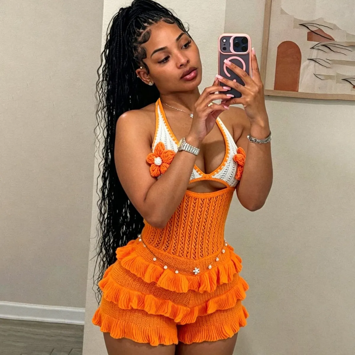 Women Fashion Sexy Summer Knitted Ruffled Hollow Out Halter-Neck Rompers