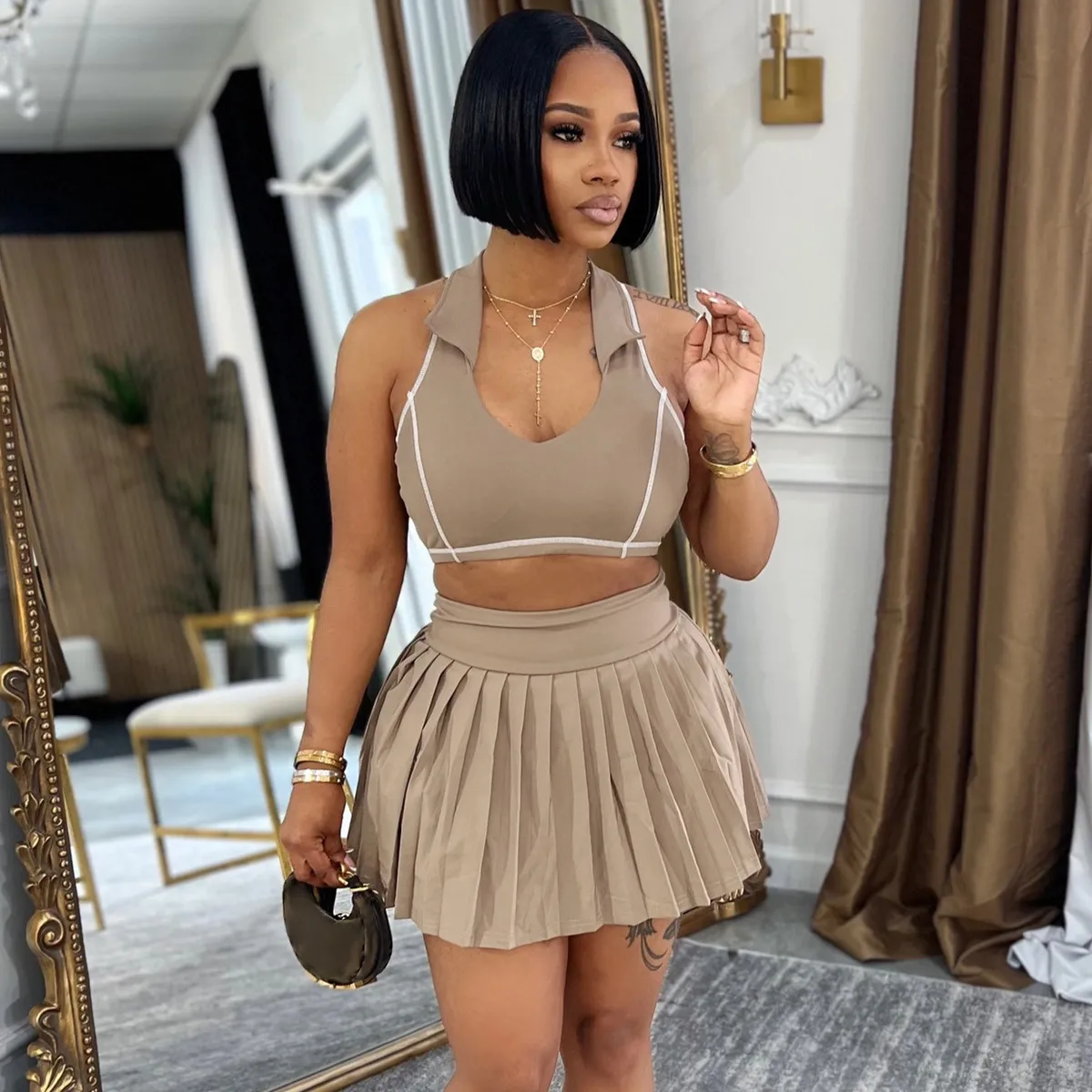 Women Fashion Sexy Lapel I-Shaped Crop Top Pleated Skirt Two-Piece Set