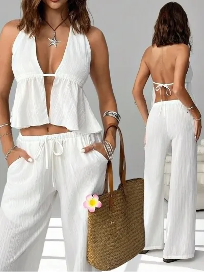 Women Fashion Sexy Summer Solid Color Halter-Neck Strap Backless Camisole Slim-Fit Pants Two-Piece Set