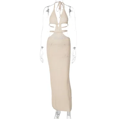 Women Fashion Sexy Solid Color Hollow Halter-Neck Dress