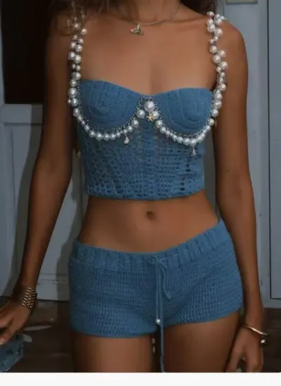 Women Fashion Sexy Solid Color Bead Decoration Knitted Camisole Shorts Two-Piece Set