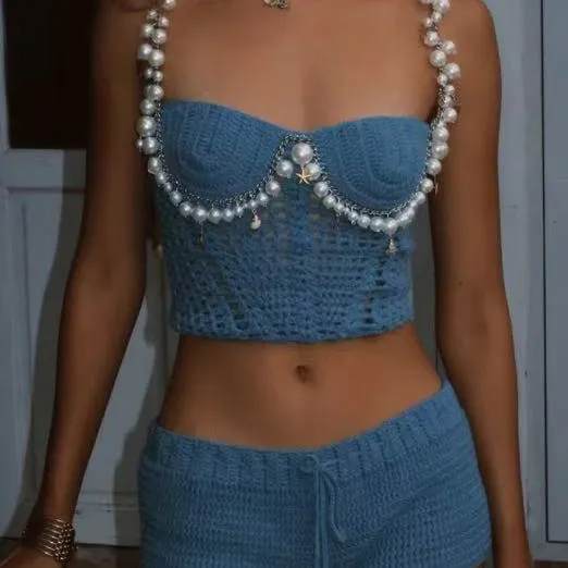 Women Fashion Sexy Solid Color Bead Decoration Knitted Camisole Shorts Two-Piece Set