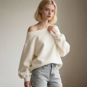 Women Autumn And Winter Solid Color Simple Off-Shoulder Sweatshirt
