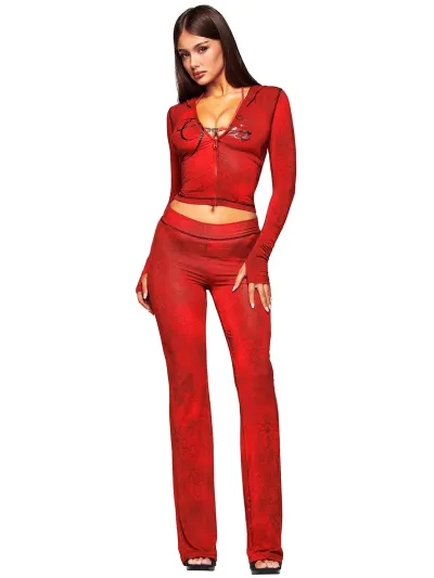 Women Fashion Printed Long Sleeve Hoodies Pants Two-Piece Set
