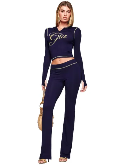 Women Fashion Printed Long Sleeve Hoodies Pants Two-Piece Set